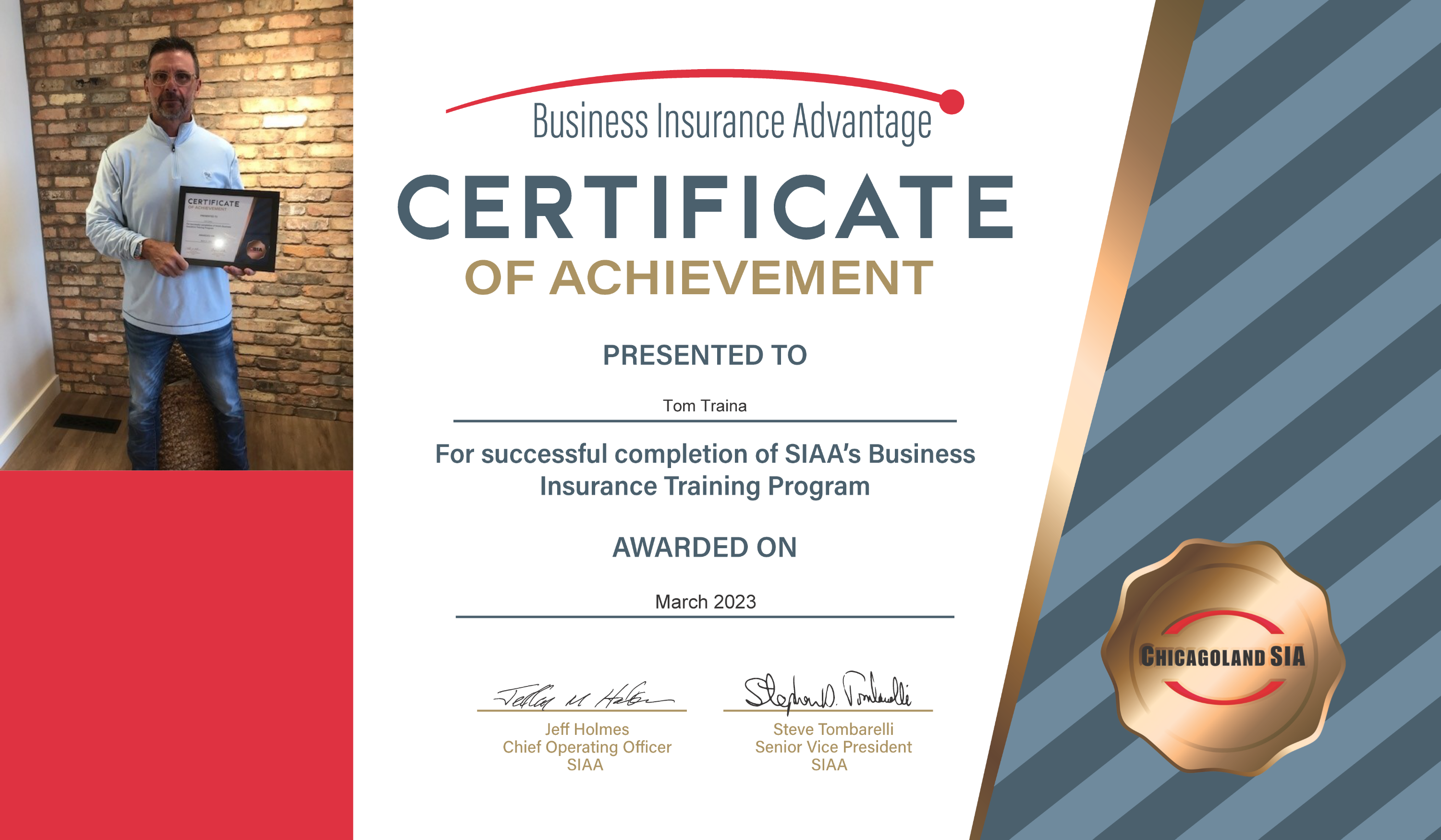 Tom Traina with BIA Certificate